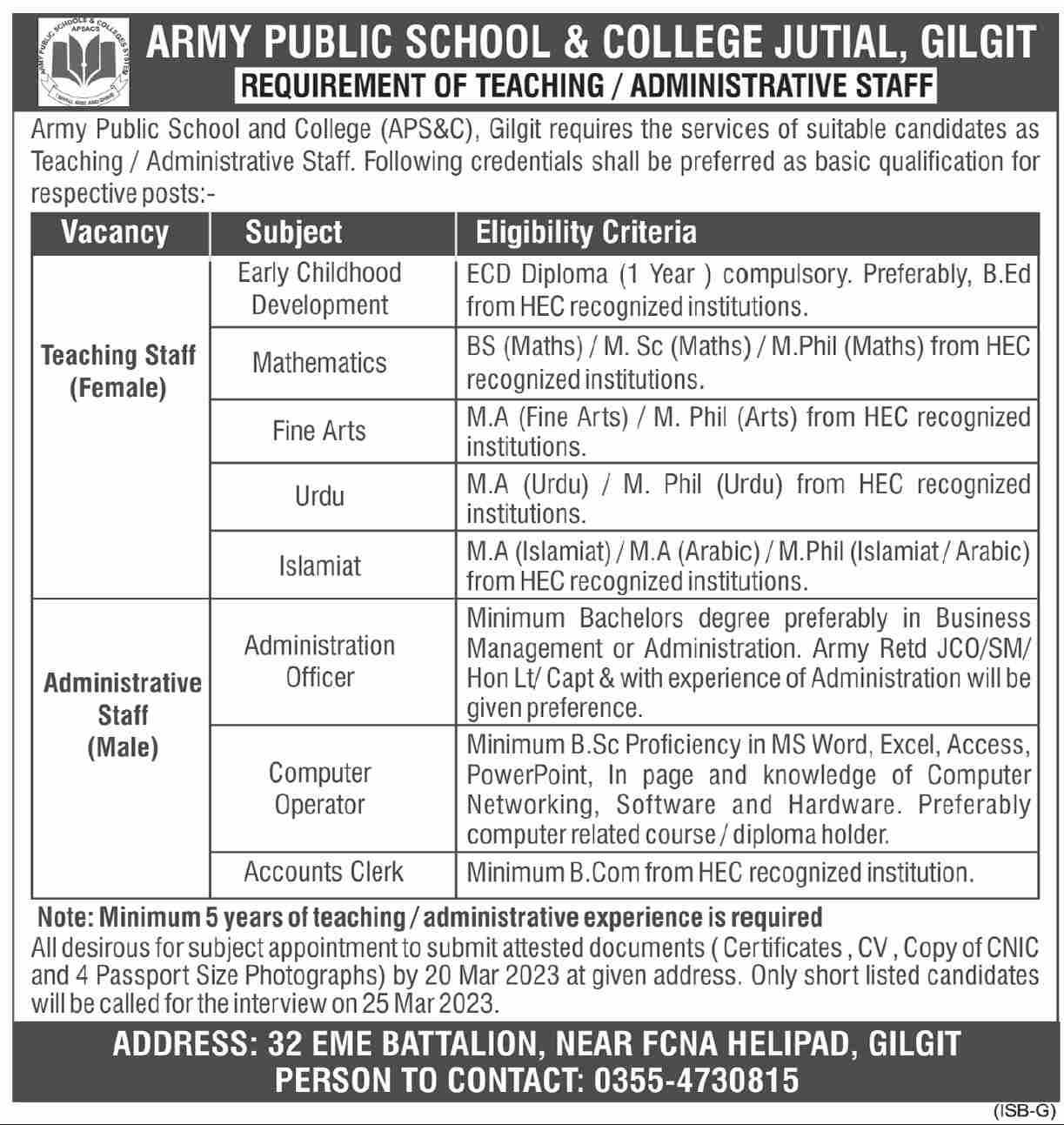 Army Public School and College Jotial Gilgit Jobs March 2023